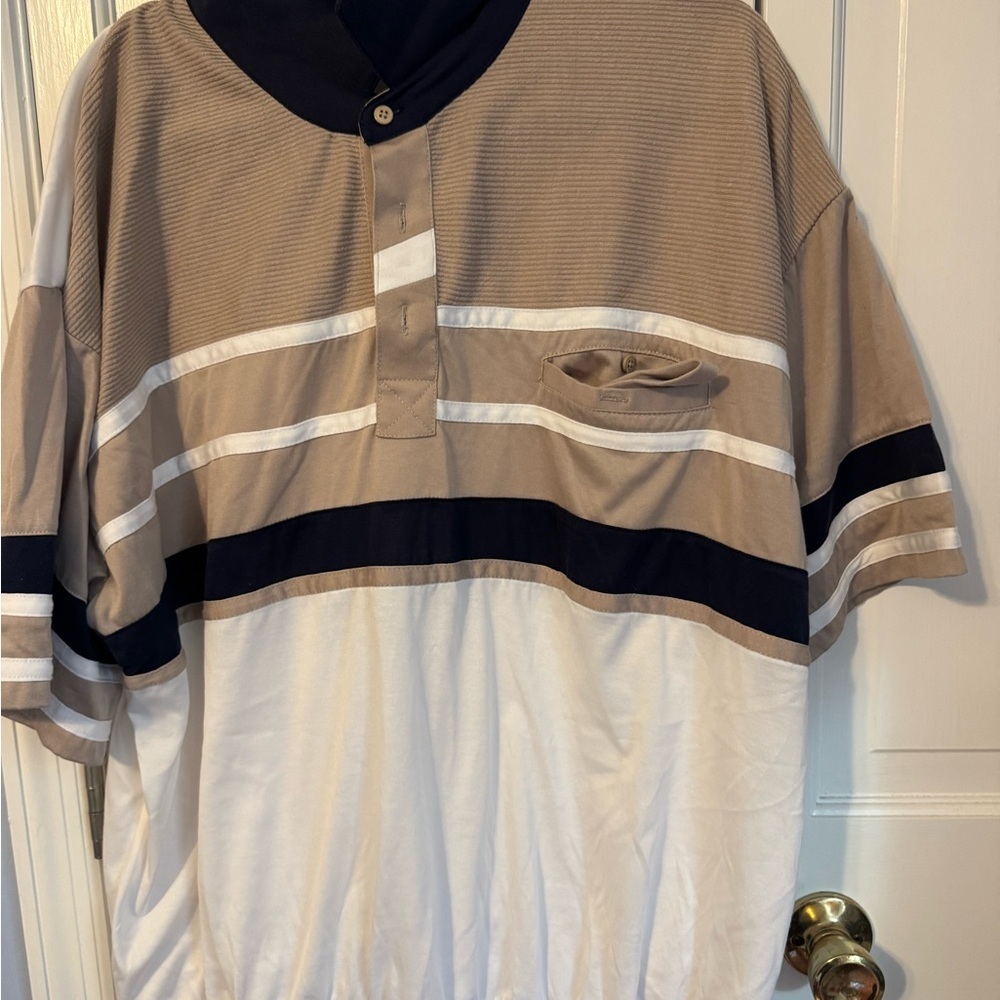 Classic Men's Striped Polo Shirt - Tan, Navy, and White. Versatile! Like new! - Picture 3 of 10